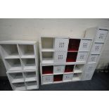 TWO WHITE FINISH STORAGE SHELVES, with a total of twelve plastic boxes, along with a similar five