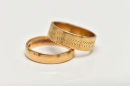 TWO 22CT GOLD BAND RINGS, the first a plain polished band, approximate band width 4.1mm,