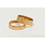 TWO 22CT GOLD BAND RINGS, the first a plain polished band, approximate band width 4.1mm,