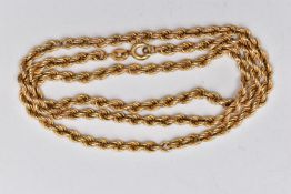 A 9CT GOLD CHAIN NECKLACE, a yellow gold rope twist chain, fitted with a spring clasp, approximate