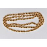 A 9CT GOLD CHAIN NECKLACE, a yellow gold rope twist chain, fitted with a spring clasp, approximate