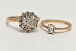 TWO DIAMOND SET RINGS, the first a 9ct gold cluster ring, set with nineteen single cut diamonds, a
