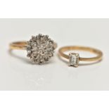 TWO DIAMOND SET RINGS, the first a 9ct gold cluster ring, set with nineteen single cut diamonds, a