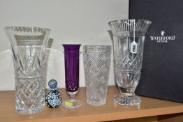A GROUP OF WATERFORD CRYSTAL AND OTHER GLASSWARES, comprising a boxed Waterford Lismore celery vase,