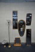 FOUR VARIOUS WALL MIRRORS, to include a mid-century teak mirror, three gilt mirrors, a pine swing