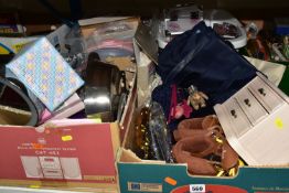 FOUR BOXES OF LADIES' ACCESSORIES AND SUNDRY ITEMS, to include a pair of M&S ladies' tan ankle boots