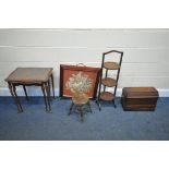 A MAHOGANY FOLDING CAKE STAND, a vintage sewing machine, a circular seated stool, fire screen (