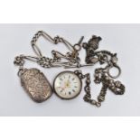 A SILVER VESTA AND ALBERT CHAIN, A SILVER POCKET WATCH AND WHITE METAL ALBERTINA, vesta of a lozenge