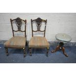 A VICTORIAN WALNUT SWIVEL TOP PIANO STOOL, and a pair of Edwardian nursing chairs (3)
