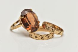 THREE 9CT GOLD RINGS, the first designed with a four claw set, oval cut orange stone assessed as