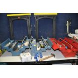 THREE METAL TOOLBOXES CONTAINING TOOLS including bearing pullers, spanners, ring compressor, a