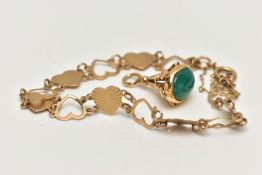 A 9CT GOLD FOB AND A YELLOW METAL BRACELET, a yellow gold fob set with an oval cabochon chrysoprase,