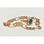 A 9CT GOLD FOB AND A YELLOW METAL BRACELET, a yellow gold fob set with an oval cabochon chrysoprase,