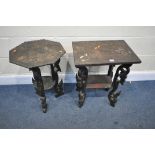 AN AFRICAN CARVED OAK OCCASIONAL TABLE, width 50cm x depth 38cm x height 63cm, and a similar