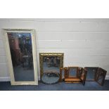 A SELECTION OF MIRRORS, to include a cream French bevelled edge wall mirror, 158cm x 79cm, a moulded