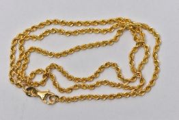 A YELLOW METAL CHAIN NECKLACE, rope twist chain, fitted with a lobster clasp, approximate length