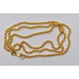 A YELLOW METAL CHAIN NECKLACE, rope twist chain, fitted with a lobster clasp, approximate length