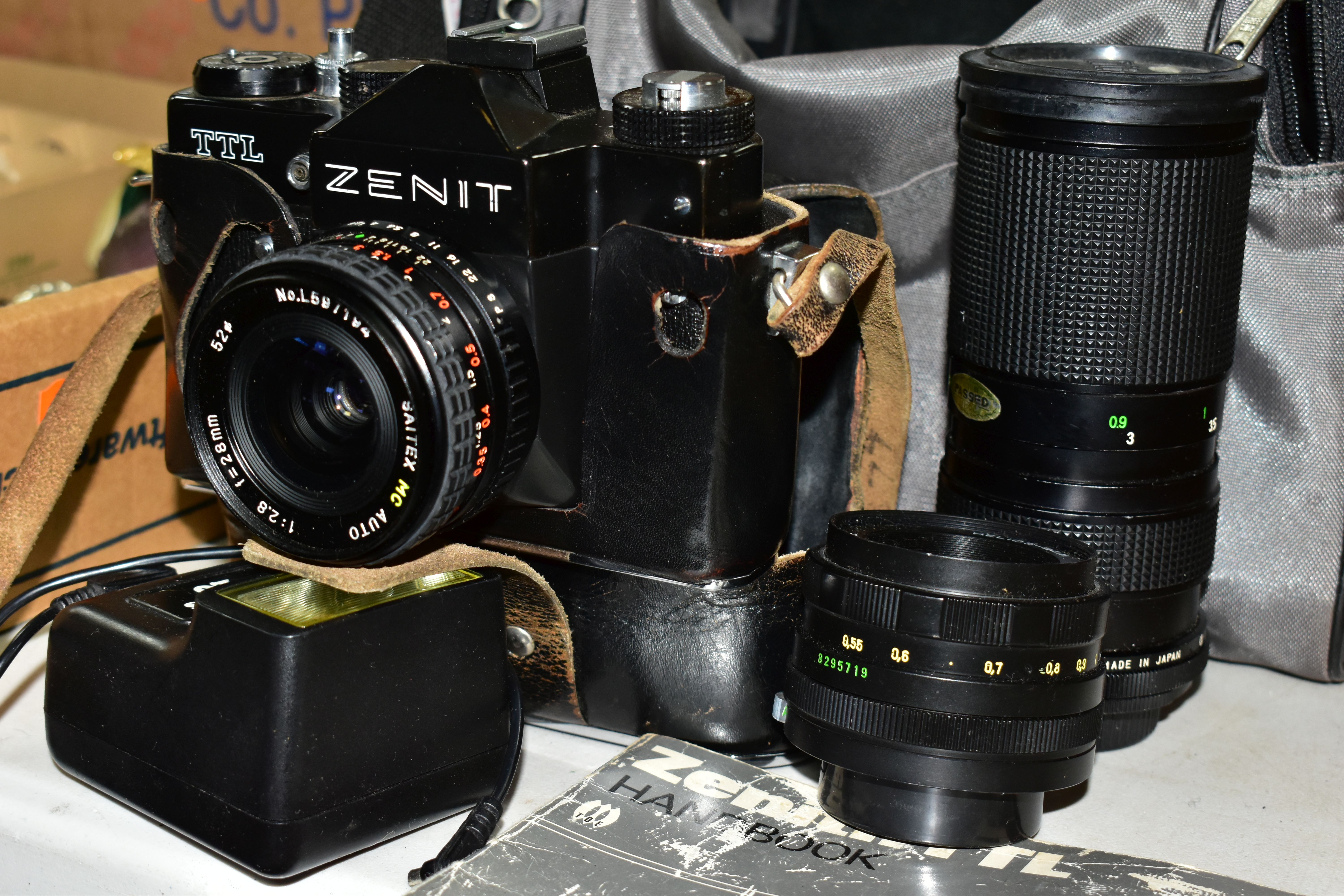 VINTAGE 35MM PHOTOGRAPHIC EQUIPMENT, comprising a Zenit TTL SLR camera body with leather case, - Image 2 of 3