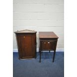 AN EDWARDIAN MAHOGANY GRAMOPHONE CABINET, with a hinged lid and a fall front door, on square tapered