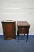 AN EDWARDIAN MAHOGANY GRAMOPHONE CABINET, with a hinged lid and a fall front door, on square tapered