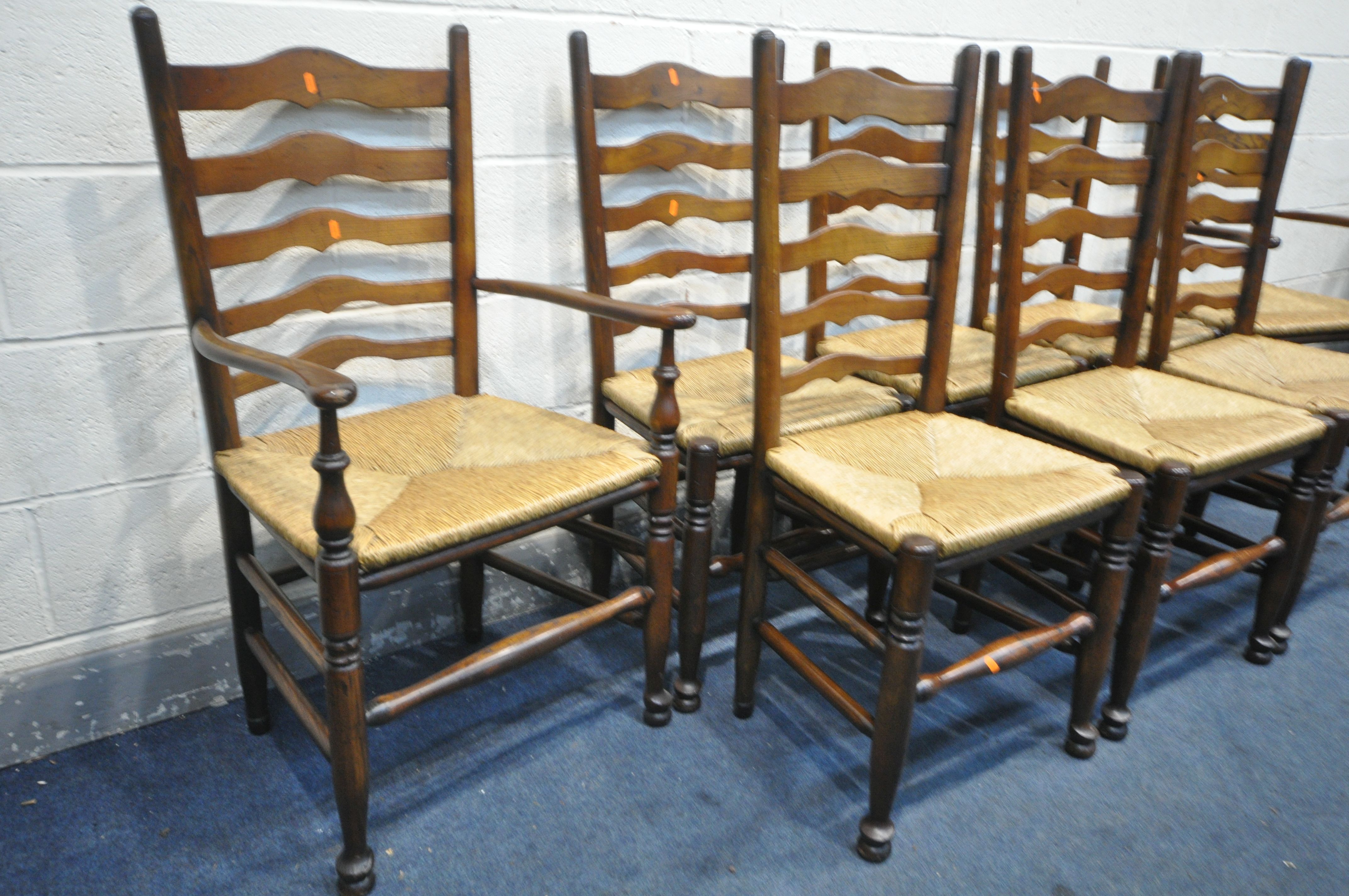 A SET OF EIGHT REPRODUCTION 19TH CENTURY STYLE OAK LANCASHIRE CHAIRS, with ladder backs and loose - Image 2 of 4