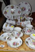 A HAMMERSLEY DRESDEN FLORAL SPRAYS & GOLD 'EILEEN' PATTERN TEA SET, comprising a trefoil dish (