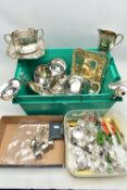 A SELECTION OF SILVERWARE AND SILVER PLATE, to include three matching George IV silver teaspoons