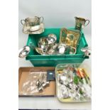 A SELECTION OF SILVERWARE AND SILVER PLATE, to include three matching George IV silver teaspoons