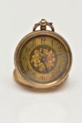 AN 18CT GOLD OPEN FACE POCKET WATCH, key wound movement, floral dial, Arabic numerals, yellow gold