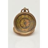 AN 18CT GOLD OPEN FACE POCKET WATCH, key wound movement, floral dial, Arabic numerals, yellow gold