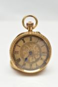 AN 18CT GOLD OPEN FACE POCKET WATCH, hand wound movement, floral dial, Roman numerals, yellow gold