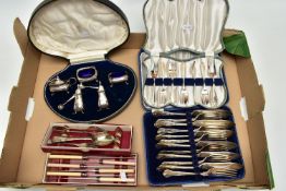 A BOX OF ASSORTED SILVERWARE, to include a cased cruet set, box encasing two pepperettes, two