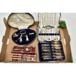 A BOX OF ASSORTED SILVERWARE, to include a cased cruet set, box encasing two pepperettes, two