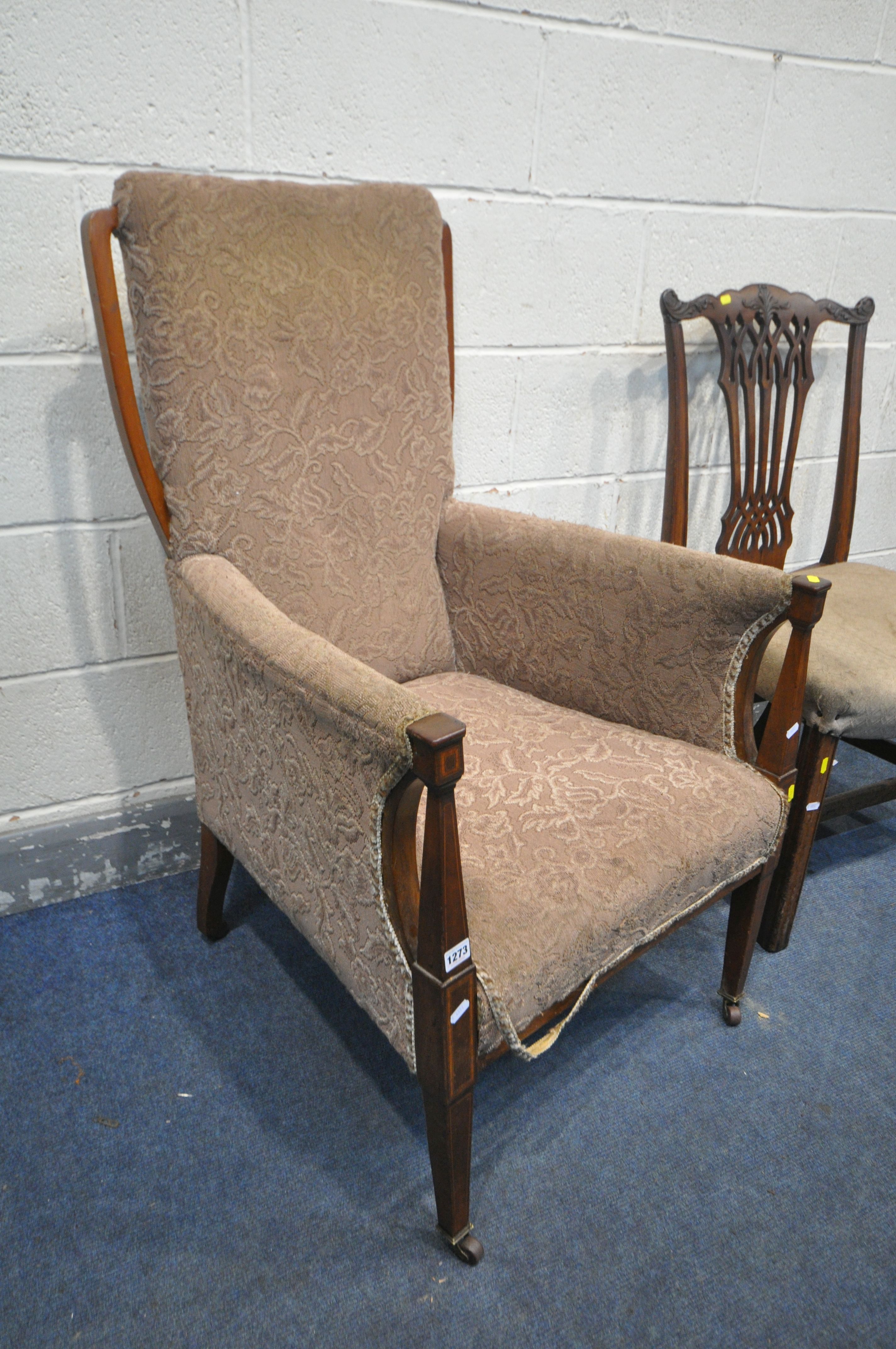 AN EDWARDIAN MAHOGANY AND INLAID ARMCHAIR, with a shaped frame, width 65cm x depth 70cm x height - Image 2 of 4