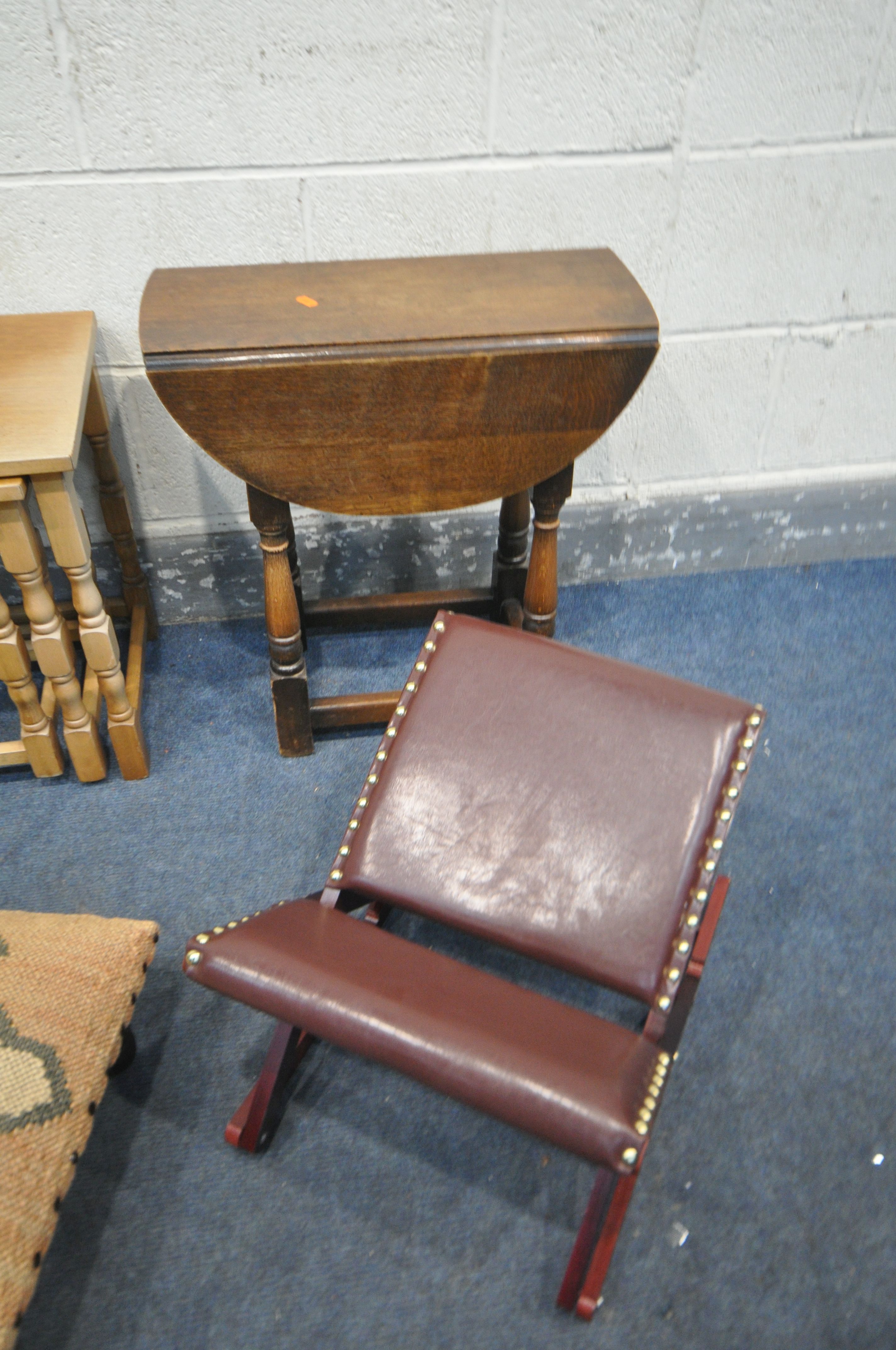 AN OAK DROP LEAF OCCASIONAL TABLE, an oak nest of three tables, a folding gout stool, and a - Image 2 of 2