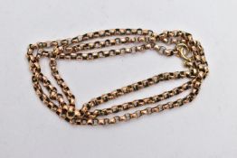 A YELLOW METAL BELCHER CHAIN NECKLACE, approximate length 460mm, fitted with a spring clasp, stamped