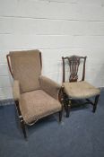 AN EDWARDIAN MAHOGANY AND INLAID ARMCHAIR, with a shaped frame, width 65cm x depth 70cm x height