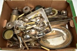 A BOX OF ASSORTED WHITE METAL WARE, to include entree dishes, trays, coasters, sauce boats, water
