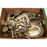 A BOX OF ASSORTED WHITE METAL WARE, to include entree dishes, trays, coasters, sauce boats, water