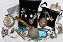 A SELECTION OF SILVER AND WHITE METAL ITEMS, to include a key wound, ladies silver open face