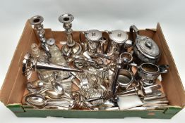 A BOX OF ASSORTED WHITE METAL WARE, to include a pair of silver on copper candlesticks, each on a