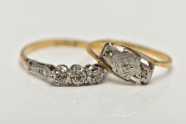 TWO YELLOW AND WHITE METAL DIAMOND RINGS, the first a three stone, single cut diamond ring, in a