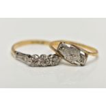 TWO YELLOW AND WHITE METAL DIAMOND RINGS, the first a three stone, single cut diamond ring, in a