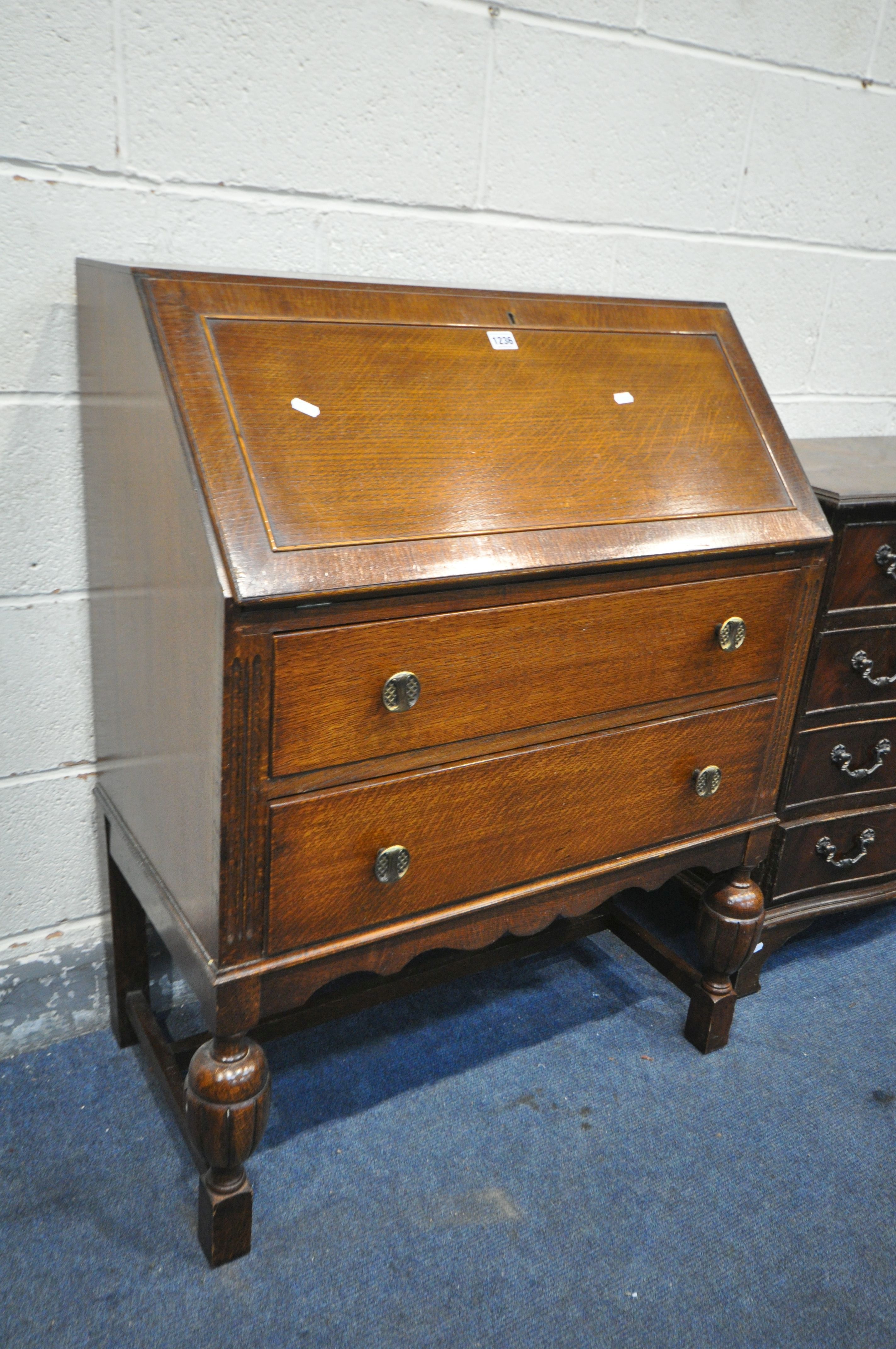 AN EARLY 20TH CENTURY OAK BUREAU, with two drawers, width 76cm x depth 43cm x height 100cm ( - Image 2 of 3