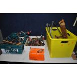 FOUR TRAYS CONTAINING HAND TOOLS including vintage saws, spanners, quick clamps, hammers, mallets, a