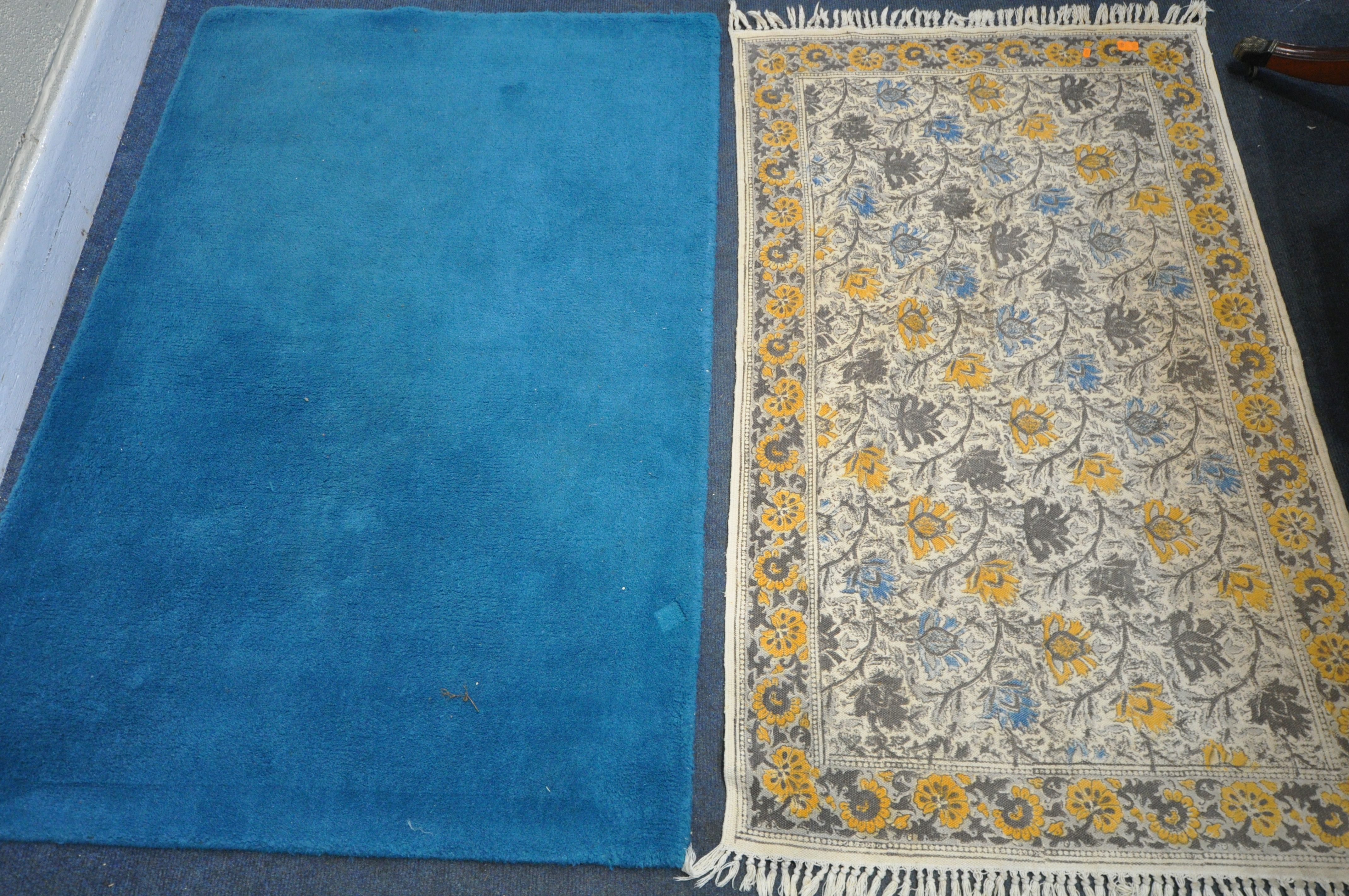 A 20TH CENTURY WOOLLEN MOROCCAN GEOMETRIC RUG, 240cm x 159cm, along with a modern blue rug, and a - Image 4 of 6