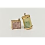 TWO 9CT GOLD CHARMS, the first a one pound note charm, hallmarked 9ct London 1970, the second a