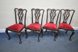 A SET OF FOUR CHIPPENDALE STYLE CHAIRS, with drop in seat pads