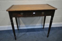 A 19TH CENTURY MAHOGANY SIDE TABLE, with two frieze drawers, on cylindrical turned legs, width