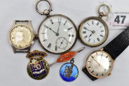 TWO POCKET WATCHES, WRISTWATCHES ETC, to include a key wound, silver open face pocket watch, round